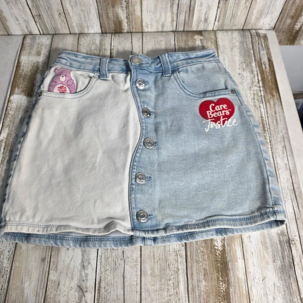 Justice Care Bears Denim Mini Skirt Light Wash Colorblock GirlButton Large 12/14